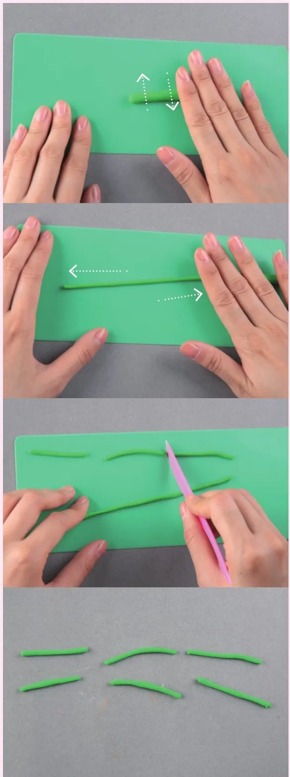 Roll the clay into long strips and cut into 6 parts