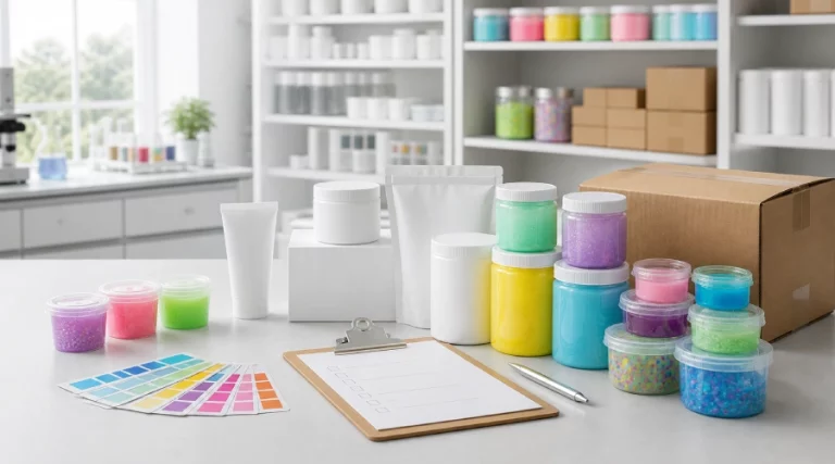 Unbranded slime samples, packaging mock-ups, color swatches and a sourcing checklist in a toy product development workspace