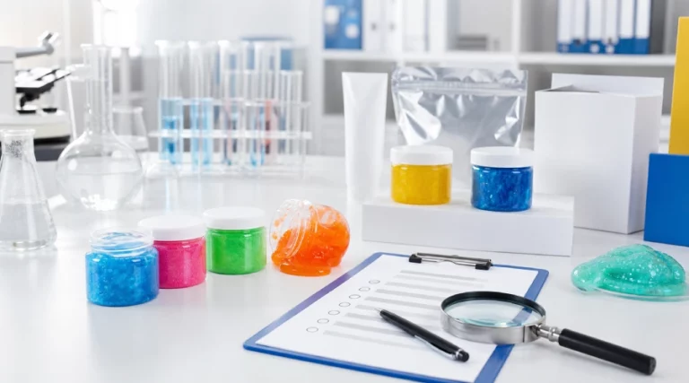 Unbranded slime samples, laboratory glassware and a compliance checklist on a product testing workspace