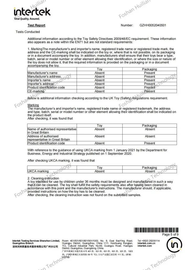 Toy Safety Directives 2009/48/EC Test Report